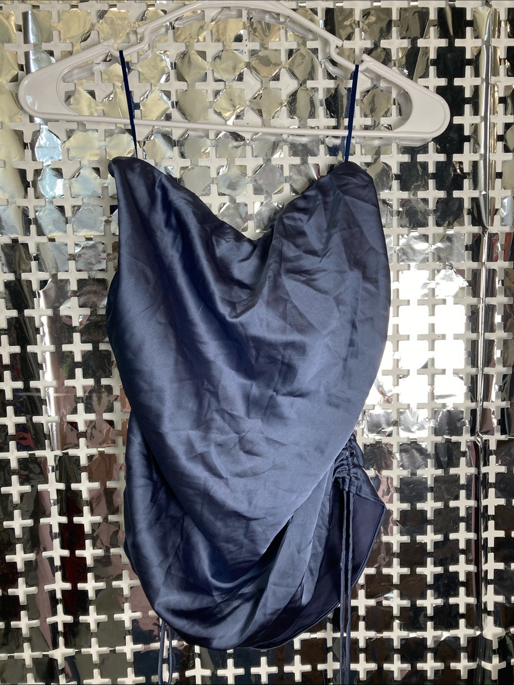 Navy Satin Cowl Strapless Top with Side Ruching